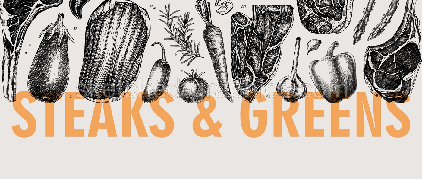 Healthy food border  Vintage style meat and vegetable vector background. Raw steaks sketches. Hand drawn food illustrations. NOT AI generated Illustration